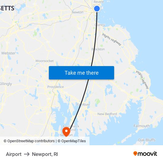 Airport to Newport, RI map
