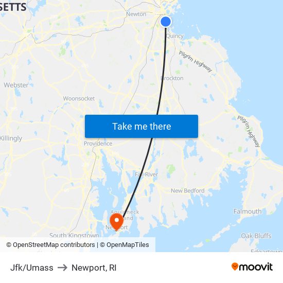 Jfk/Umass to Newport, RI map