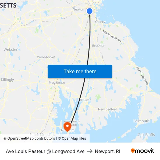 Ave Louis Pasteur @ Longwood Ave to Newport, RI map