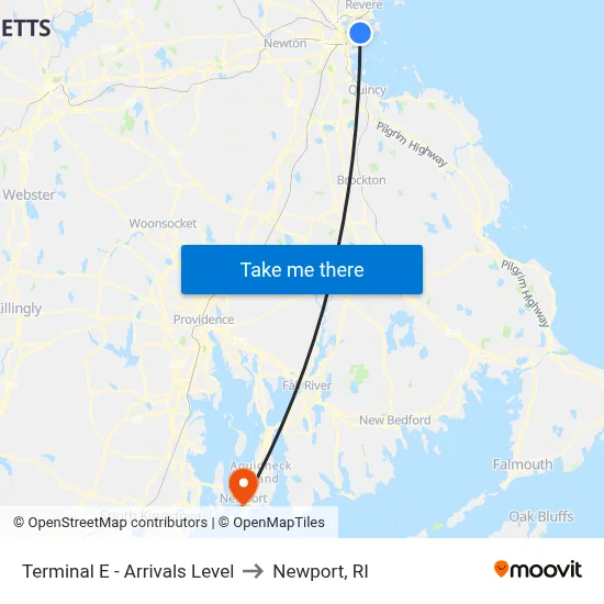 Terminal E - Arrivals Level to Newport, RI map