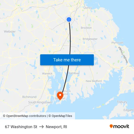 67 Washington St to Newport, RI map