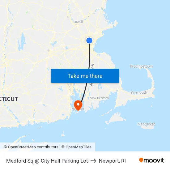 Medford Sq @ City Hall Parking Lot to Newport, RI map