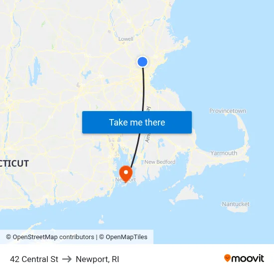 42 Central St to Newport, RI map