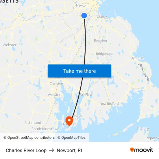 Charles River Loop to Newport, RI map