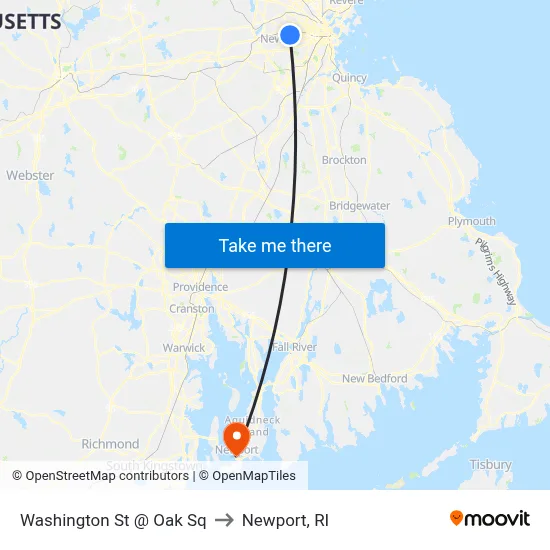 Washington St @ Oak Sq to Newport, RI map
