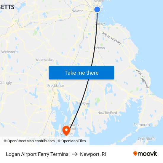 Logan Airport Ferry Terminal to Newport, RI map