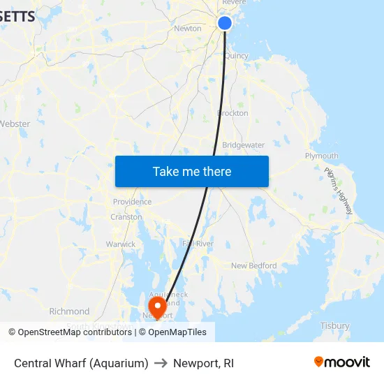 Central Wharf (Aquarium) to Newport, RI map