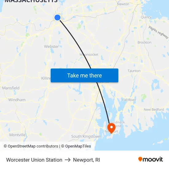 Worcester Union Station to Newport, RI map