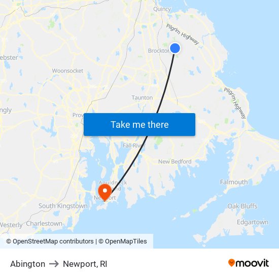 Abington to Newport, RI map