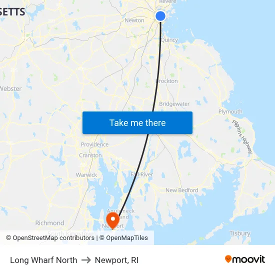 Long Wharf North to Newport, RI map