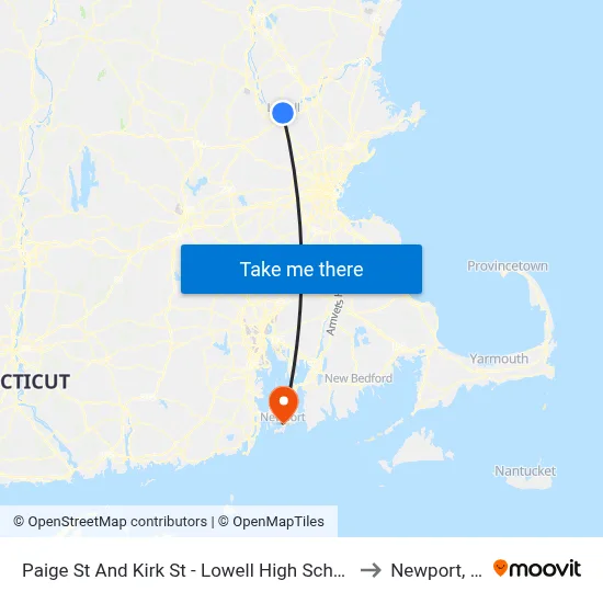 Paige St And Kirk St - Lowell High School to Newport, RI map