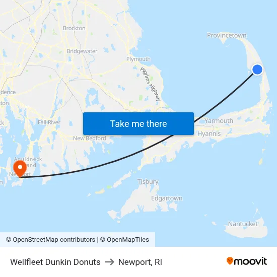 Wellfleet Dunkin Donuts to Newport, RI map