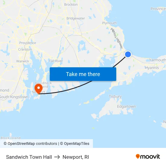 Sandwich Town Hall to Newport, RI map
