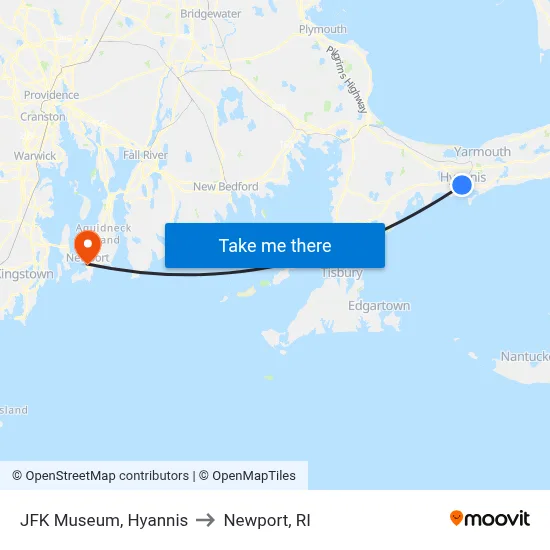 JFK Museum, Hyannis to Newport, RI map