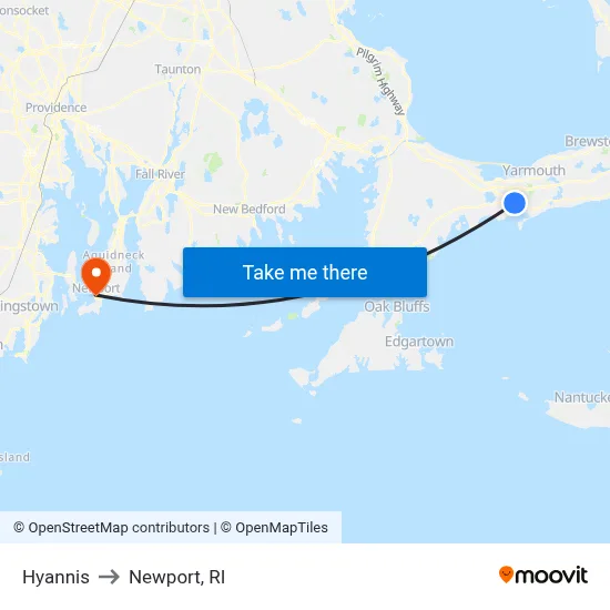 Hyannis to Newport, RI map