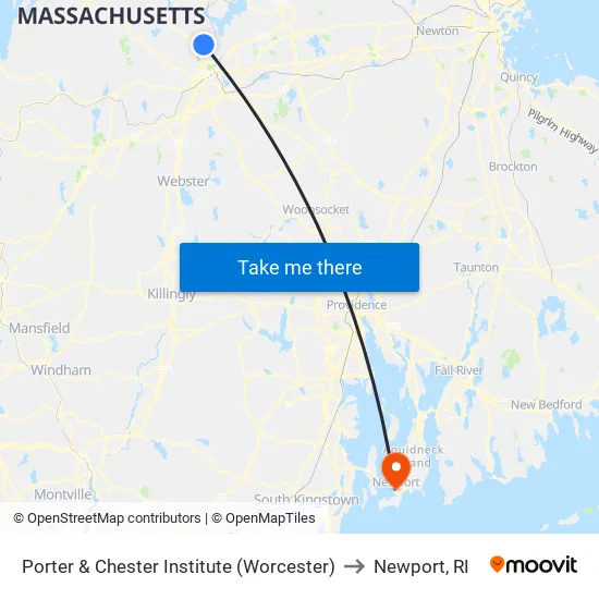 Porter & Chester Institute (Worcester) to Newport, RI map