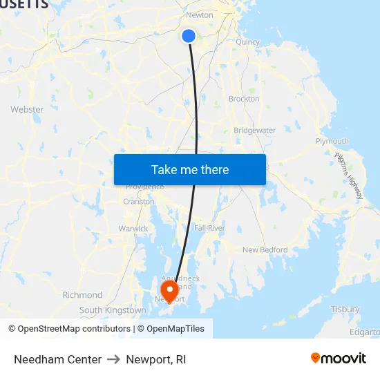 Needham Center to Newport, RI map
