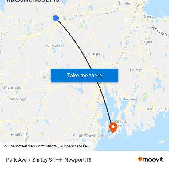 Park Ave + Shirley St to Newport, RI map