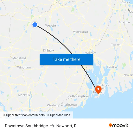 Downtown Southbridge to Newport, RI map