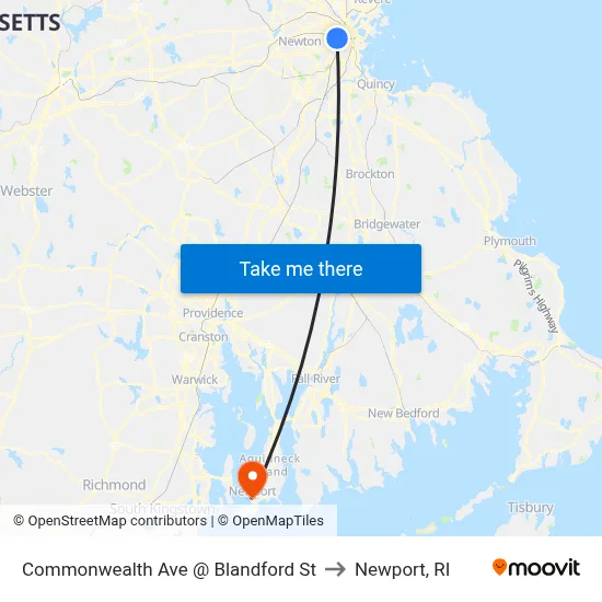 Commonwealth Ave @ Blandford St to Newport, RI map