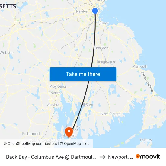 Back Bay - Columbus Ave @ Dartmouth St to Newport, RI map
