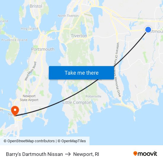 Barry's Dartmouth Nissan to Newport, RI map