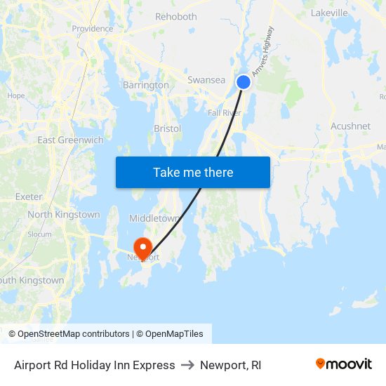 Airport Rd Holiday Inn Express to Newport, RI map