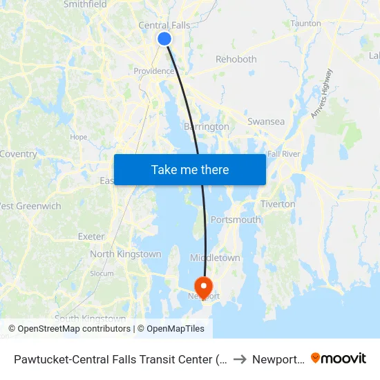 Pawtucket-Central Falls Transit Center (Stop B) to Newport, RI map