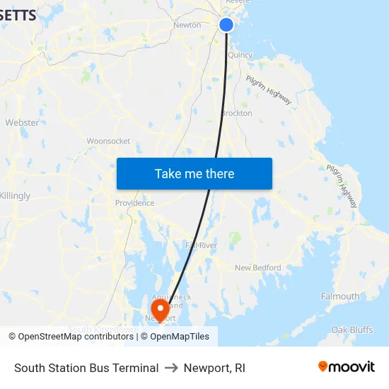 South Station Bus Terminal to Newport, RI map