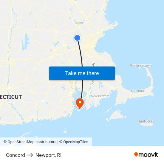 Concord to Newport, RI map