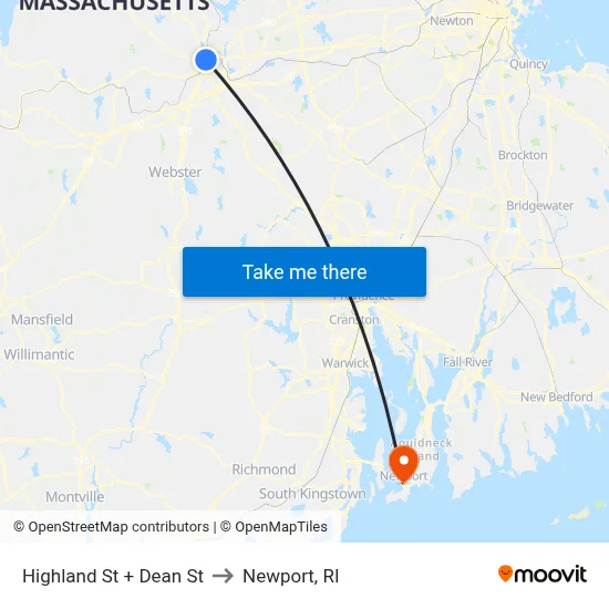 Highland St + Dean St to Newport, RI map