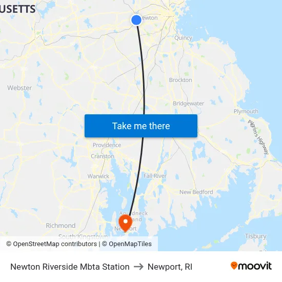 Newton Riverside Mbta Station to Newport, RI map