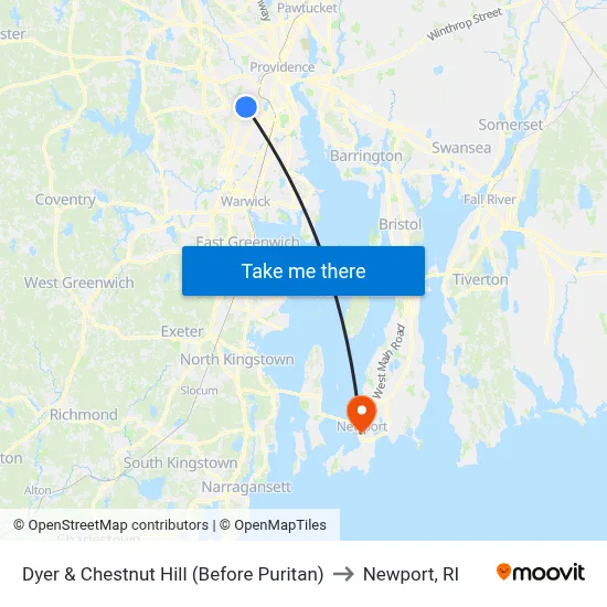 Dyer & Chestnut Hill (Before Puritan) to Newport, RI map