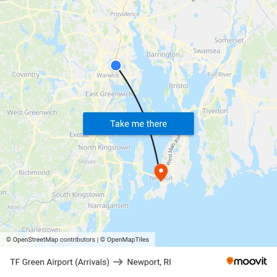 TF Green Airport (Arrivals) to Newport, RI map