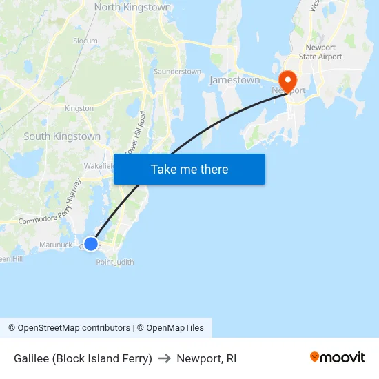 Galilee (Block Island Ferry) to Newport, RI map