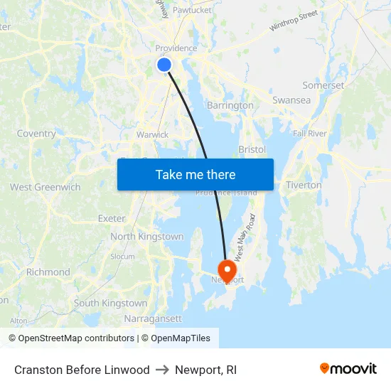 Cranston Before Linwood to Newport, RI map