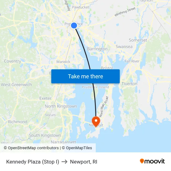 Kennedy Plaza (Stop I) to Newport, RI map