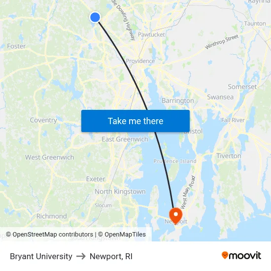 Bryant University to Newport, RI map