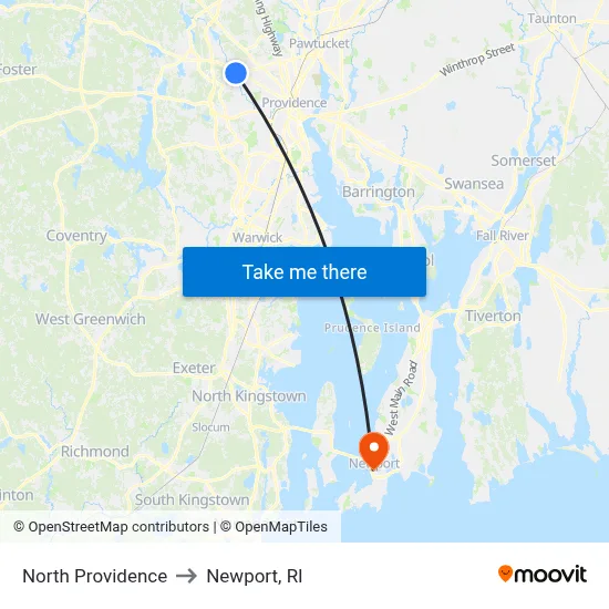 North Providence to Newport, RI map