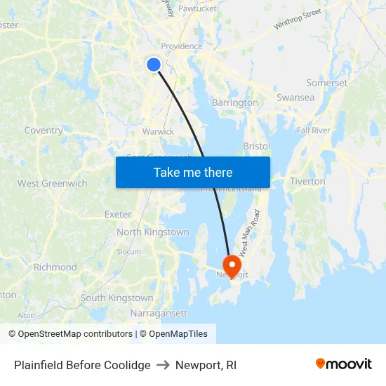 Plainfield Before Coolidge to Newport, RI map