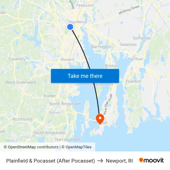 Plainfield & Pocasset (After Pocasset) to Newport, RI map