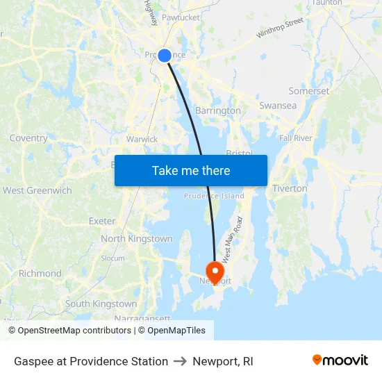 Gaspee at Providence Station to Newport, RI map