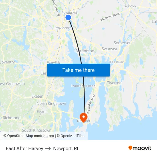 East After Harvey to Newport, RI map