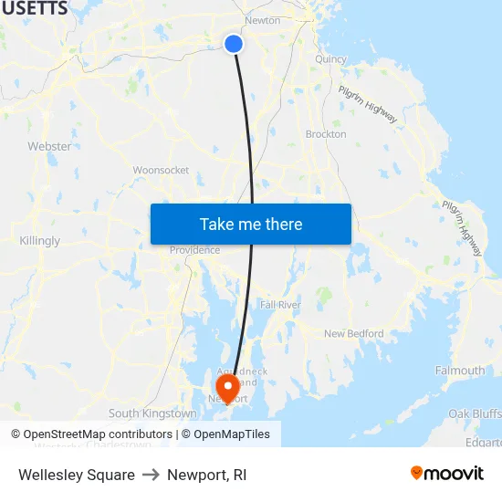 Wellesley Square to Newport, RI map