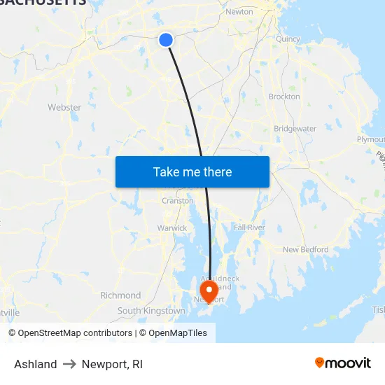Ashland to Newport, RI map