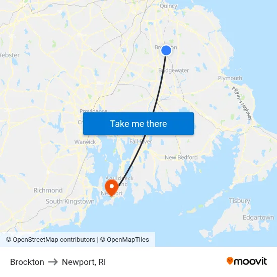 Brockton to Newport, RI map