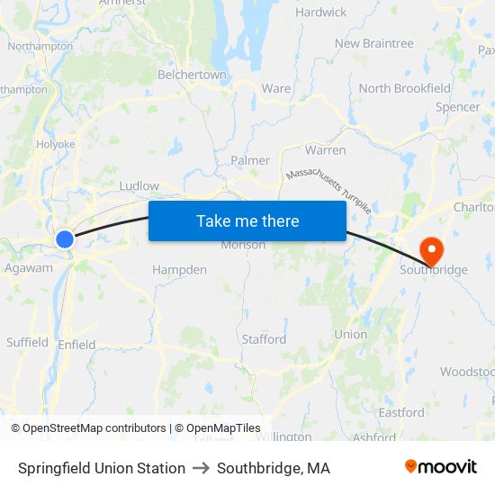 Springfield Union Station to Southbridge, MA map