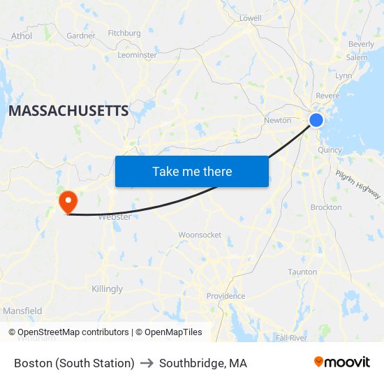 Boston (South Station) to Southbridge, MA map