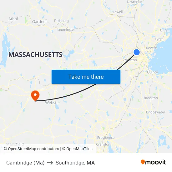Cambridge (Ma) to Southbridge, MA map