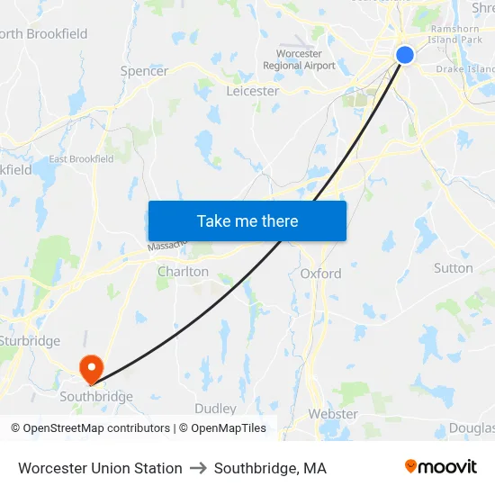 Worcester Union Station to Southbridge, MA map